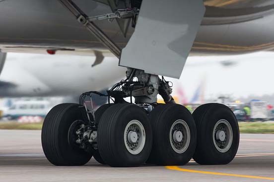 
The six-wheel undercarriage of a Boeing 777-300