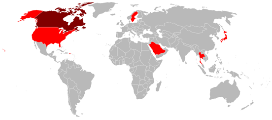 
Military operators of the CH-46 (Bright red = Active; Dark red = Former)