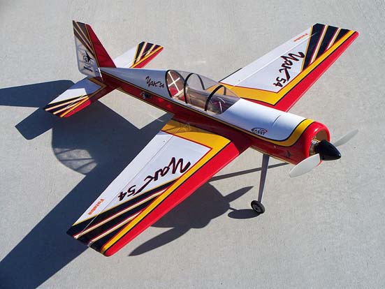 
This Carl Goldberg Products model of a Yakovlev Yak-54 is an example of a high-performance, fully aerobatic mid-wing plane with no dihedral