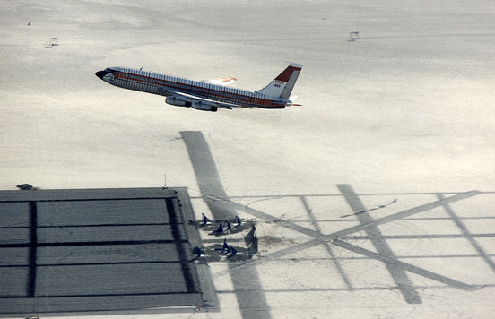 
A Boeing 720 being flown under remote control as part of NASA's Controlled Impact Demonstration