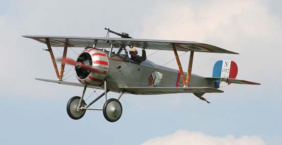 
A Nieuport 17 in flight at a display in 2007. Insignia is of the Lafayette Escadrille.