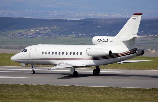 
Dassault Falcon 900B taxis after landing at Bristol International Airport, England.