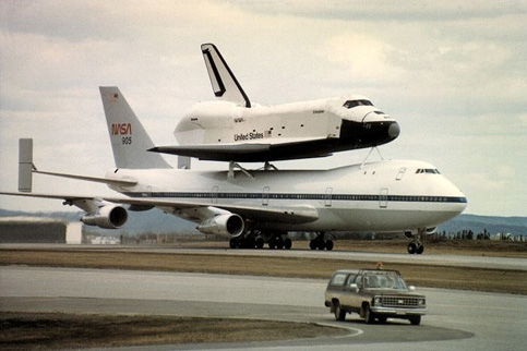 
A U.S. Space Shuttle mounted on a specially modified Boeing 747