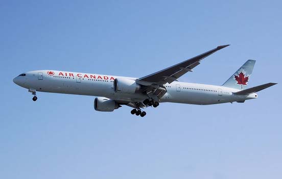 
An Air Canada 777-300ER landing with flaps deployed