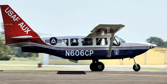 
A Civil Air Patrol GA8 Airvan on takeoff during a mission following Hurricane Rita in 2005.