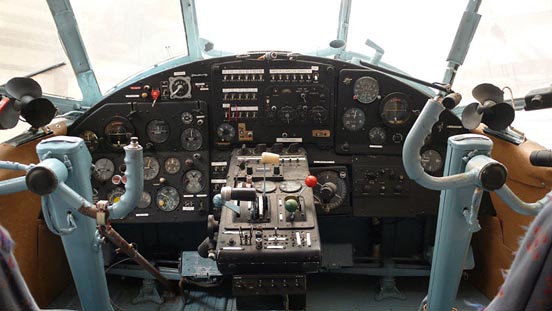 
Cockpit of a 1971 ex-Aeroflot An-2 at the Historic Aircraft Restoration Museum. See also [5] for a very high resolution image of this cockpit.