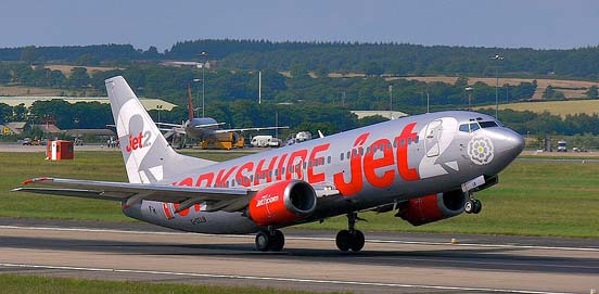 
Jet2.com Boeing 737-300 takes off from Leeds Bradford Airport, UK.