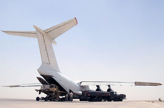 
A commercial variant of Ilyushin Il-76 loading cargo at Ali Base in Iraq