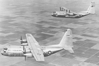 
The two YC-130 prototypes; the blunt nose was replaced with radar on later production models.