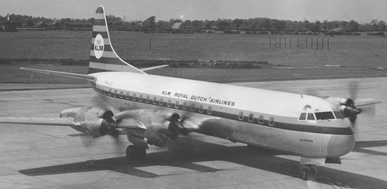 
L188C Electra of KLM Royal Dutch Airlines operating a passenger service in July 1965