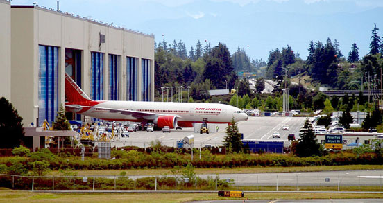 
An Air India Boeing 777-200LR is rolled out of the Boeing Everett Factory.