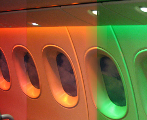 
Composite photo showing three options for Dreamliner cabin LED lighting.
