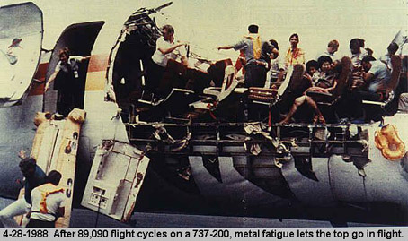 
Aloha Airlines Flight 243 at Kahului Airport, after its fuselage was ripped apart during flight.