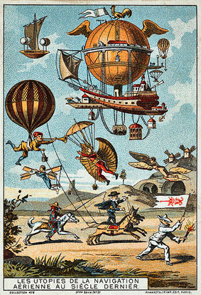 
The human dream of flight: Utopian flying machines from the 18th Century (illustration from the late 19th Century).