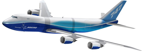 
Artist's rendering of the Boeing 747-8F. The 747-8 is stretched in two bands for a total extension of 18.3 ft (5.6 m) over the 747-400.