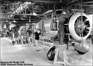 
Assembly line at the beginning of Staggerwing production (note the fixed landing gear).