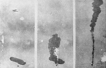 
A German observation balloon being bombed by an allied aircraft.
