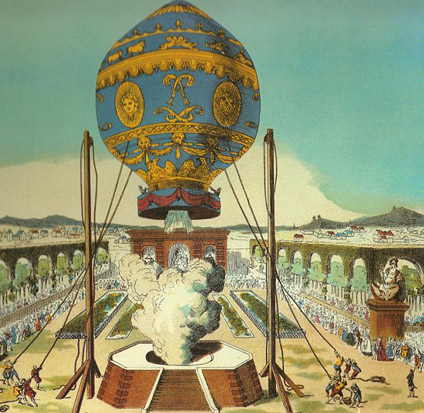 
The first manned hot-air balloon, designed by the Montgolfier brothers, takes off from the Bois de Boulogne, Paris, on November 21, 1783