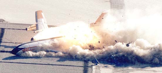 
The 1984 Controlled Impact Demonstration of a Boeing 720 aircraft using standard fuel with an additive designed to suppress fire. The aircraft caught fire. Results show less fire damage than would have been expected without the additive.