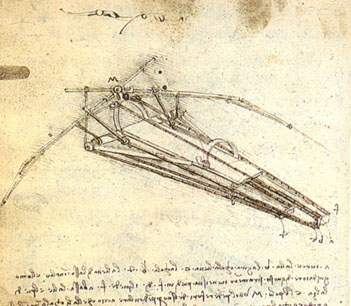 
A drawing of a design for a flying machine by Leonardo da Vinci (c. 1488). This machine was an ornithopter, with flapping wings similar to a bird, first appeared in his Codex on the Flight of Birds in 1505.