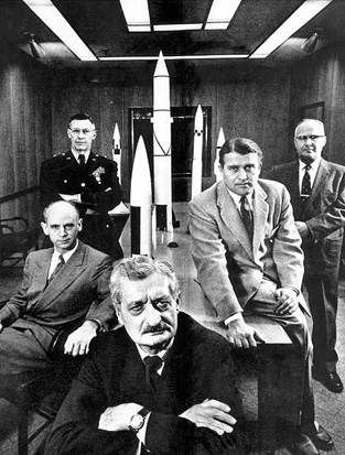 
Hermann Oberth (in front) with fellow ABMA employees. Left to right: Dr. Ernst Stuhlinger, Major General Holger Toftoy, Oberth, Dr. Wernher von Braun, and Dr. Robert Lusser.