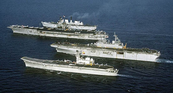 
From bottom to top: Principe de Asturias, amphibious assault ship USS Wasp, USS Forrestal and light V/STOL carrier HMS Invincible, showing size differences of late 20th century carriers