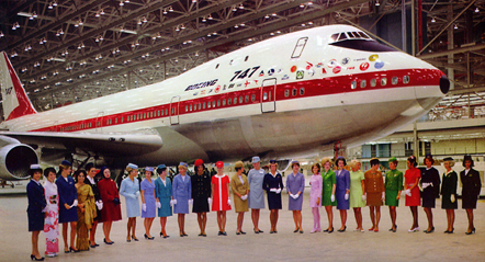 
Uniformed flight attendants representing each of the 747's initial 26 airline customers during rollout ceremony