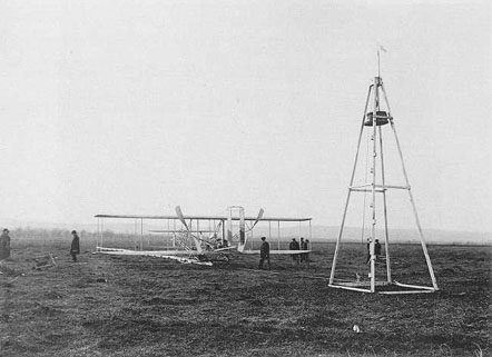 
Wright Model A Flyer flown by Wilbur 1908-09 and launching derrick, France, 1909