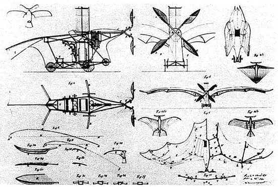 
Patent drawings of Clément Ader's Eole, which accomplished the first self-propelled flight in history.