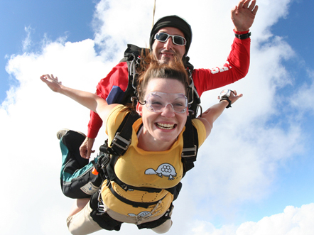 
A tandem instructor and a student skydiving together