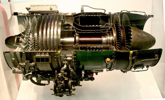 
A typical axial-flow gas turbine turbojet, the J85, sectioned for display