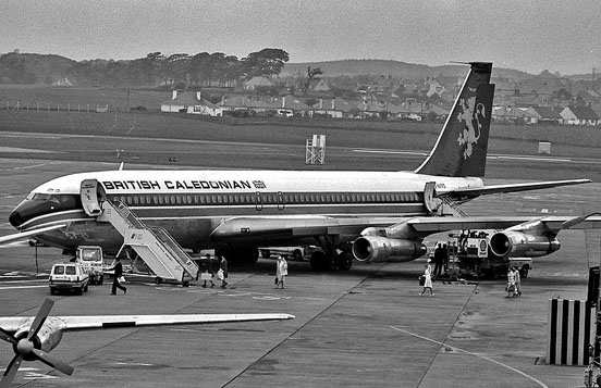 
British Caledonian Boeing 707 shown at Prestwick International Airport, South Ayrshire, Scotland, c. 1972.