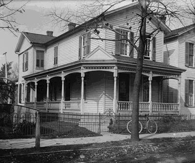 
Wright brothers' home at 7 Hawthorn Street, Dayton about 1900. Wilbur and Orville built the covered wrap-around porch in the 1890s.