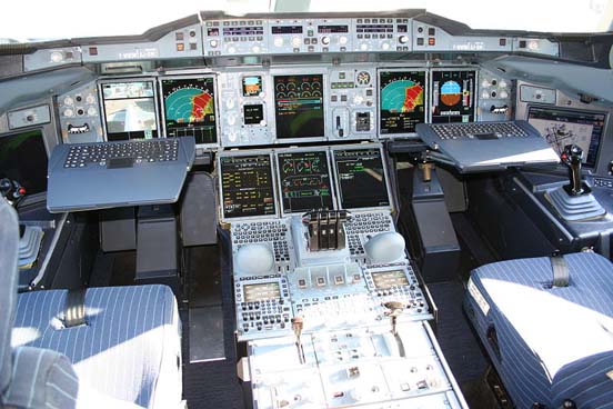 
Airbus A380 cockpit. Most Airbus cockpits are computerised glass cockpits featuring fly-by-wire technology. The control column has been replaced with an electronic sidestick.