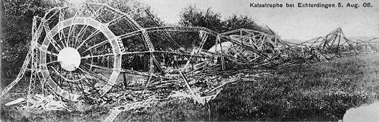 
Wreckage of LZ 4. The LZ 4 was destroyed when a storm broke the zeppelin from its mooring, causing it to crash into a tree and catch fire.