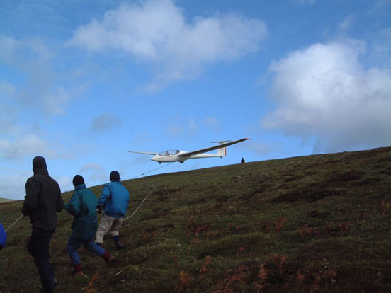 
A bungee launch at the Long Mynd by the Midland Gliding Club