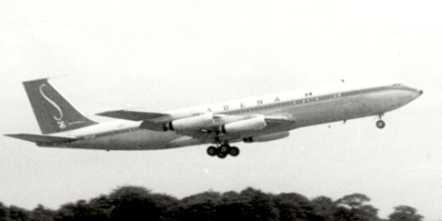 
Early production Boeing 707-329 of Sabena in April 1960 retaining the original short tail-fin and no ventral fin