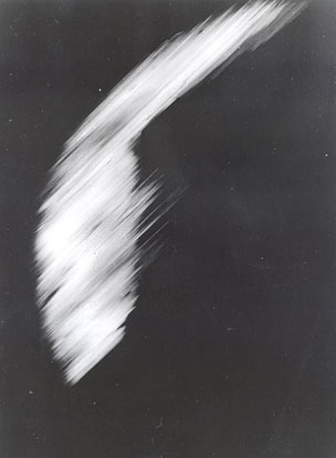 
This is the first crude picture obtained from Explorer 6 Earth satellite. It shows a sun-lighted area of the Central Pacific ocean and its cloud cover. The picture was made when the satellite was about 17,000 mi (27,000 km) above the surface of the earth on August 14, 1959. At the time, the satellite was crossing Mexico.