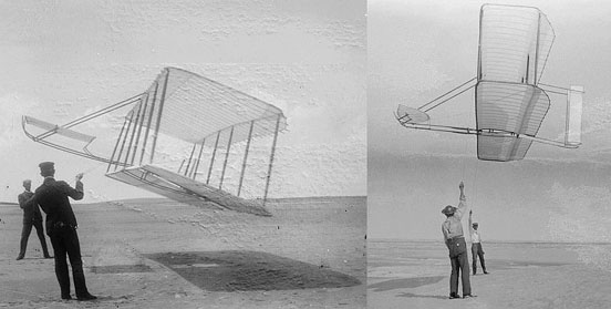 
A Big Improvement
At left, 1901 glider flown by Wilbur (left) and Orville. At right, 1902 glider flown by Wilbur (right) and Dan Tate, their helper. Dramatic improvement in performance is apparent. The 1901 glider flies at a steep angle of attack due to poor lift and high drag. In contrast, the 1902 glider flies at a much flatter angle and holds up its tether lines almost vertically, clearly demonstrating a much better lift-to-drag ratio.
