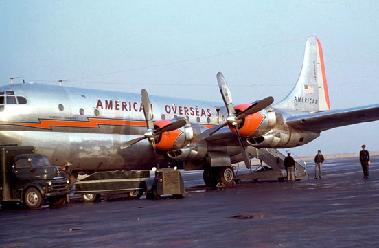 
In October 1945, the American Export Airlines became the first airline to offer regular commercial flights between North America and Europe. Shown here is Am Ex Boeing 377 Stratocruiser in 1949.