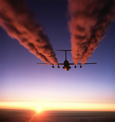 
A C-141 Starlifter leaves exhaust contrails over Antarctica