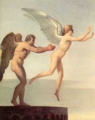 
Illustration of mythological beings Icarus and Daedalus attempting to fly using wax wings.