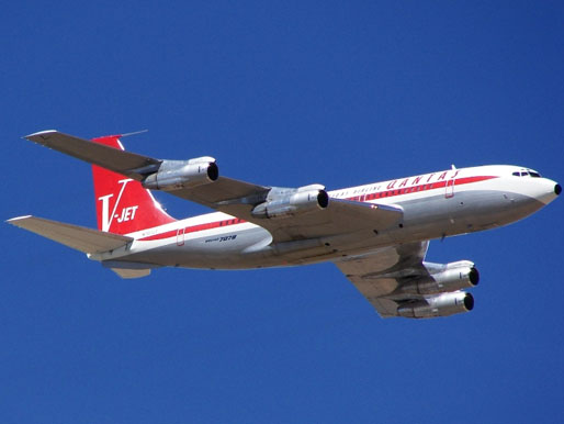 
An ex-Qantas Boeing 707-138B, owned by John Travolta, repainted in vintage Qantas livery