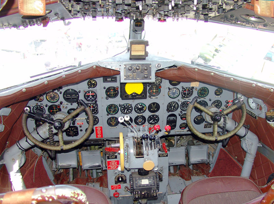 
Cockpit of DC-3 operated by FAA to verify operation of navaids (VORs & NDBs) along federal airways