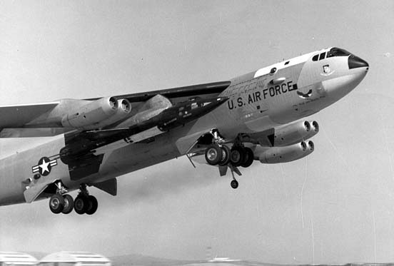 
Bomber NB-52A (s/n 52-003), permanent test variant, carrying an X-15, with mission markings; horizontal X-15 craft silhouettes denote glide flights, diagonal silhouettes denote powered flights.