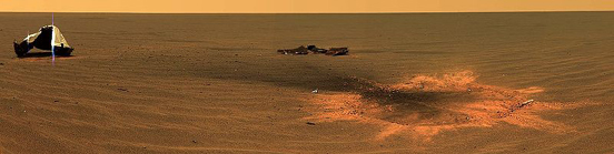 
Opportunity rover's heat shield lying inverted on the surface of Mars.