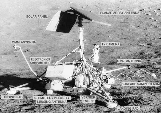 
Photograph of Surveyor 3 lunar landing spacecraft taken by Apollo 12 astronauts (descriptions added). (NASA)