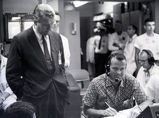 
Wernher von Braun and astronaut Gordon Cooper in the blockhouse during MR-3 recovery operations May 5, 1961.