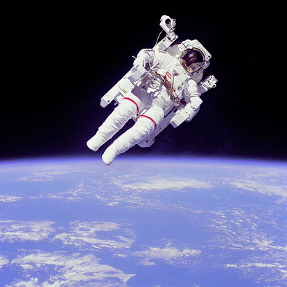 
Astronaut Bruce McCandless II using a Manned Maneuvering Unit outside the United States Space Shuttle Challenger in 1984.