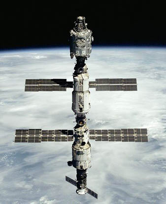 
Progress M1-3 seen docked at the bottom of the Zvezda module of the ISS during STS-106.